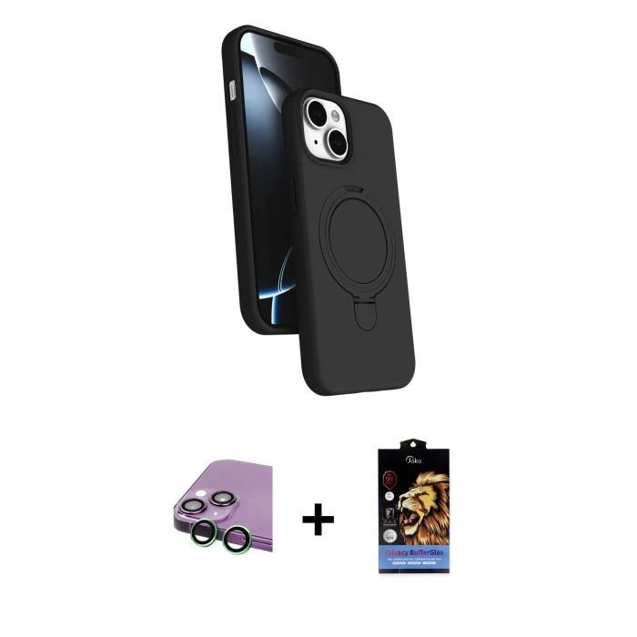 MARSİLYAN™- iPhone 15 Kılıf İz Işık Koleksiyonu - Siyah Buffer Hayalet Cam Ekran Koruyucu + Yeşil Raze Metal Kamera Lens