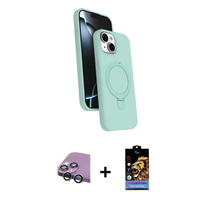 MARSİLYAN™- iPhone 15 Kılıf İz Işık Koleksiyonu - Siyah Buffer Hayalet Cam Ekran Koruyucu + Yeşil Raze Metal Kamera Lens
