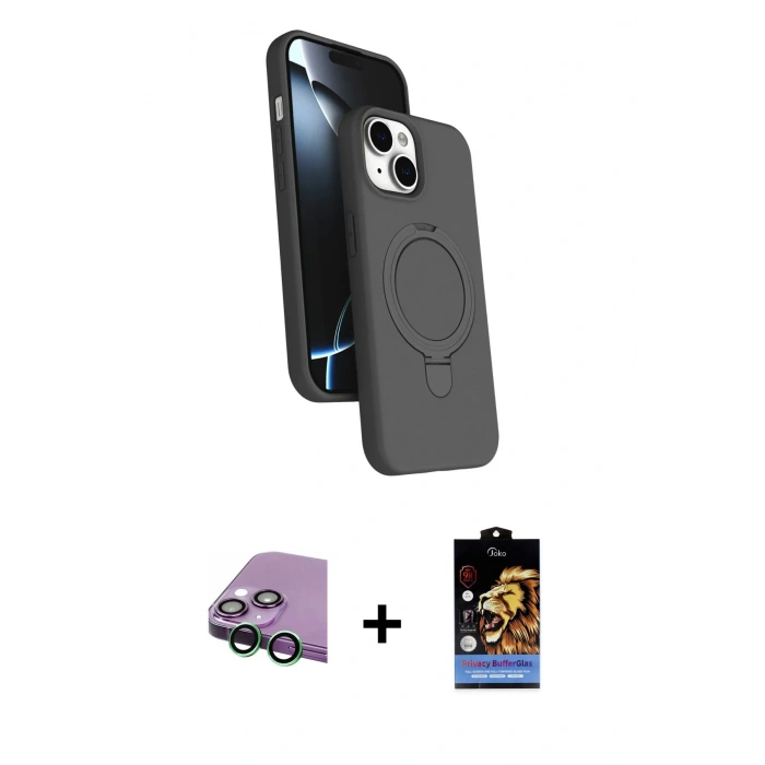 MARSİLYAN™- iPhone 15 Kılıf İz Işık Koleksiyonu - Siyah Buffer Hayalet Cam Ekran Koruyucu + Yeşil Raze Metal Kamera Lens