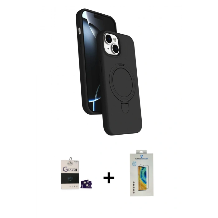 MARSİLYAN™- iPhone 15 Kılıf İz Işık Koleksiyonu - Siyah Polymer Nano Ekran Koruyucu + Bilvis Titan Kamera Lens - PE