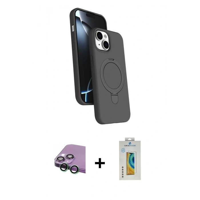 MARSİLYAN™- iPhone 15 Kılıf İz Işık Koleksiyonu - Siyah Polymer Nano Ekran Koruyucu + Raze Metal Kamera Lens - YL