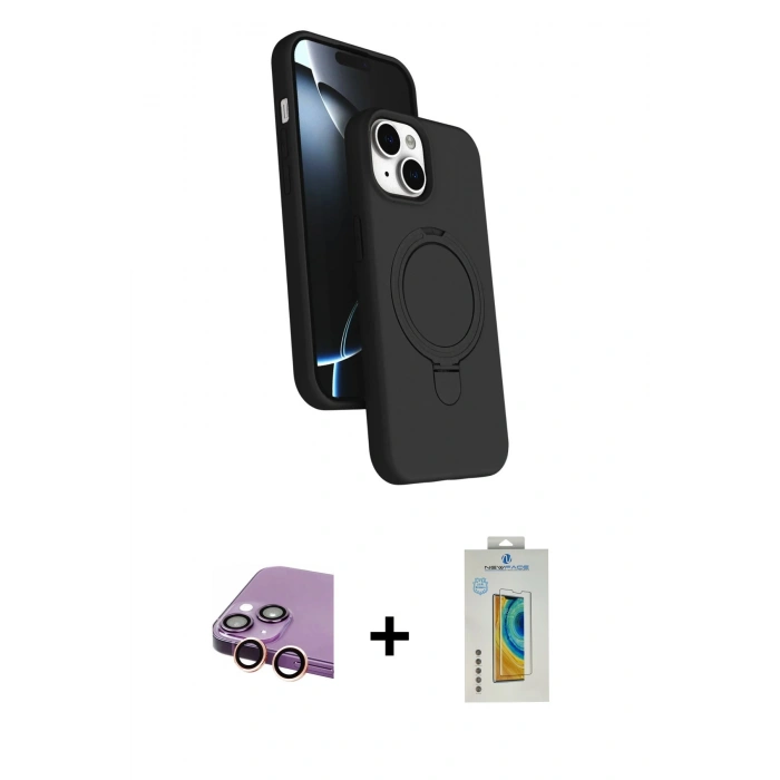 MARSİLYAN™- iPhone 15 Kılıf İz Işık Koleksiyonu - Siyah Polymer Nano Ekran Koruyucu + Raze Metal Kamera Lens - PE
