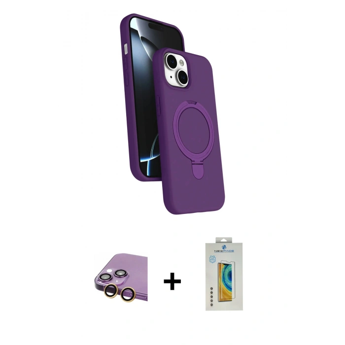 MARSİLYAN™- iPhone 15 Kılıf İz Işık Koleksiyonu - Siyah Polymer Nano Ekran Koruyucu + Raze Metal Kamera Lens - SI
