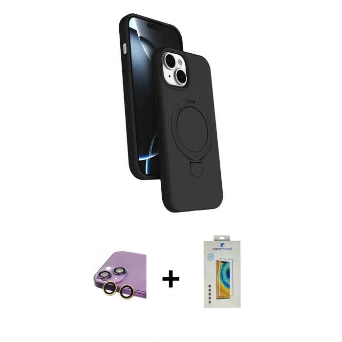 MARSİLYAN™- iPhone 15 Kılıf İz Işık Koleksiyonu - Siyah Polymer Nano Ekran Koruyucu + Raze Metal Kamera Lens - SI
