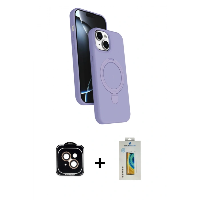 MARSİLYAN™- iPhone 15 Kılıf İz Işık Koleksiyonu - Siyah Polymer Nano Ekran Koruyucu + PVD Metal Kamera Lens - TU