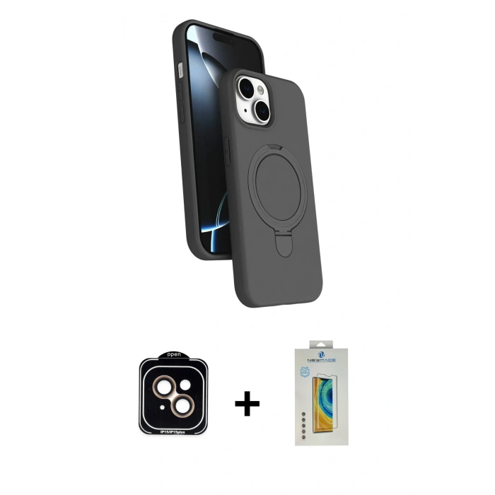 MARSİLYAN™- iPhone 15 Kılıf İz Işık Koleksiyonu - Siyah Polymer Nano Ekran Koruyucu + PVD Metal Kamera Lens - TU