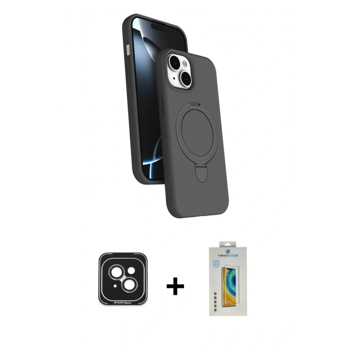 MARSİLYAN™- iPhone 15 Kılıf İz Işık Koleksiyonu - Siyah Polymer Nano Ekran Koruyucu + PVD Metal Kamera Lens - YL