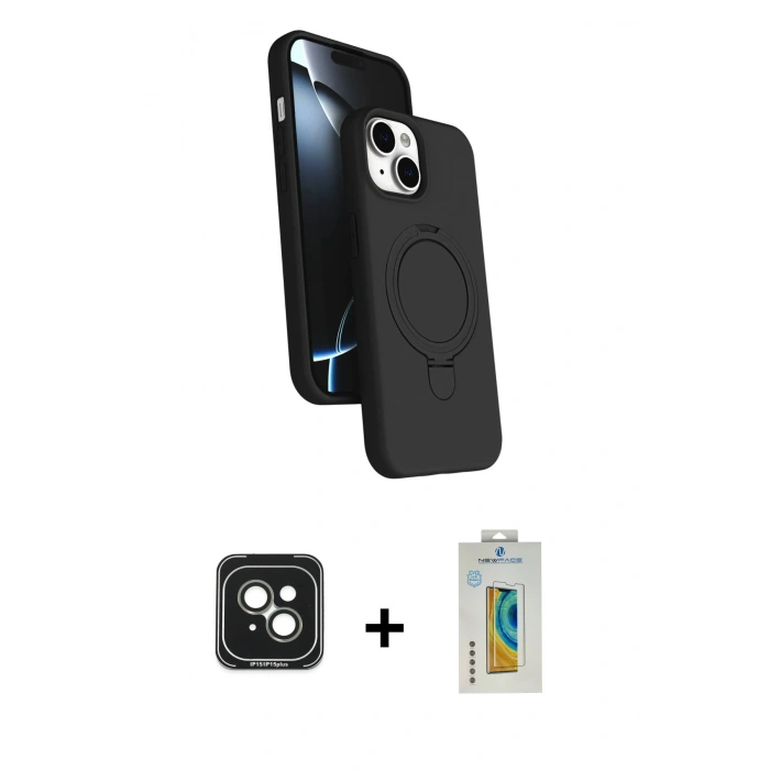 MARSİLYAN™- iPhone 15 Kılıf İz Işık Koleksiyonu - Siyah Polymer Nano Ekran Koruyucu + PVD Metal Kamera Lens - YL