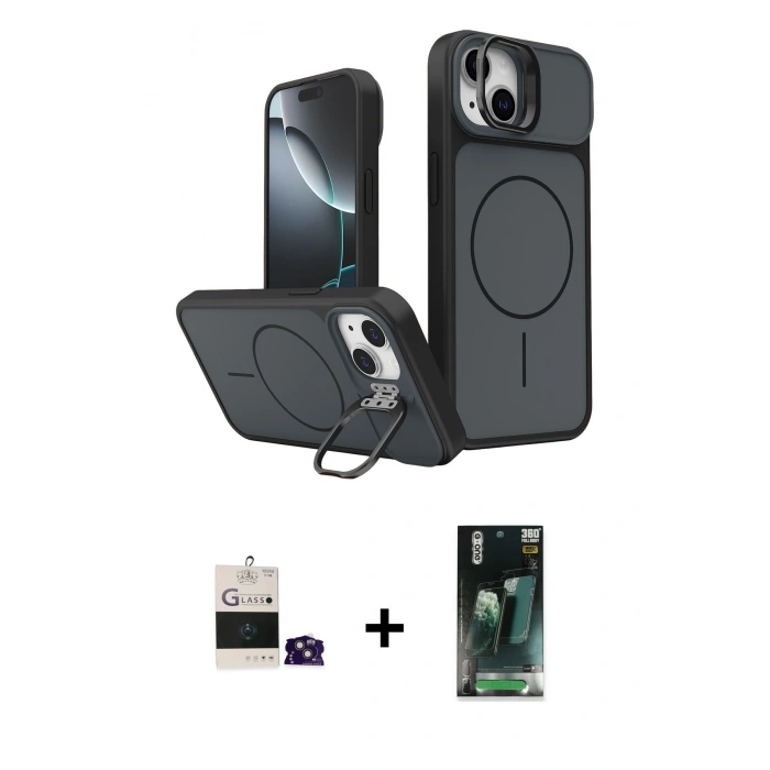 MARSİLYAN™- iPhone 15 Kılıf İz Modern Prime - Siyah 360 Mat Full Body Arka Koruyucu + Bilvis Titan Kamera Lens - PE