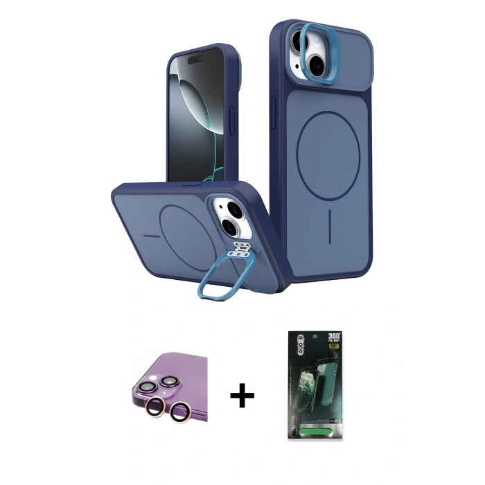 MARSİLYAN™- iPhone 15 Kılıf İz Modern Prime - Siyah 360 Mat Full Body Arka Koruyucu + Raze Metal Kamera Lens - PE