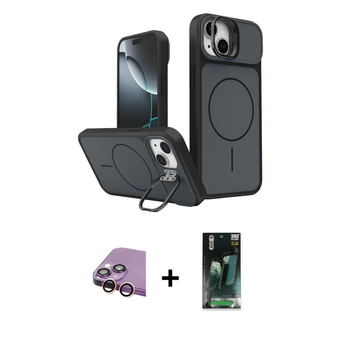 MARSİLYAN™- iPhone 15 Kılıf İz Modern Prime - Siyah 360 Mat Full Body Arka Koruyucu + Raze Metal Kamera Lens - PE