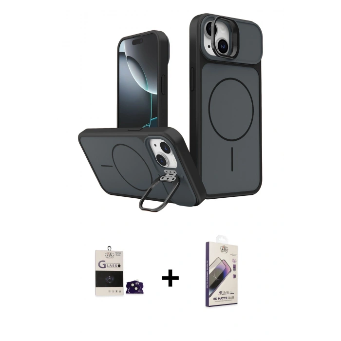 MARSİLYAN™- iPhone 15 Kılıf İz Modern Prime - Siyah Bilvis 3D Mat Cam Ekran Koruyucu + Bilvis Titan Kamera Lens - SH