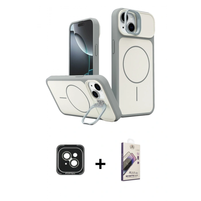 MARSİLYAN™- iPhone 15 Kılıf İz Modern Prime - Siyah Bilvis 3D Mat Cam Ekran Koruyucu + PVD Metal Kamera Lens - YL