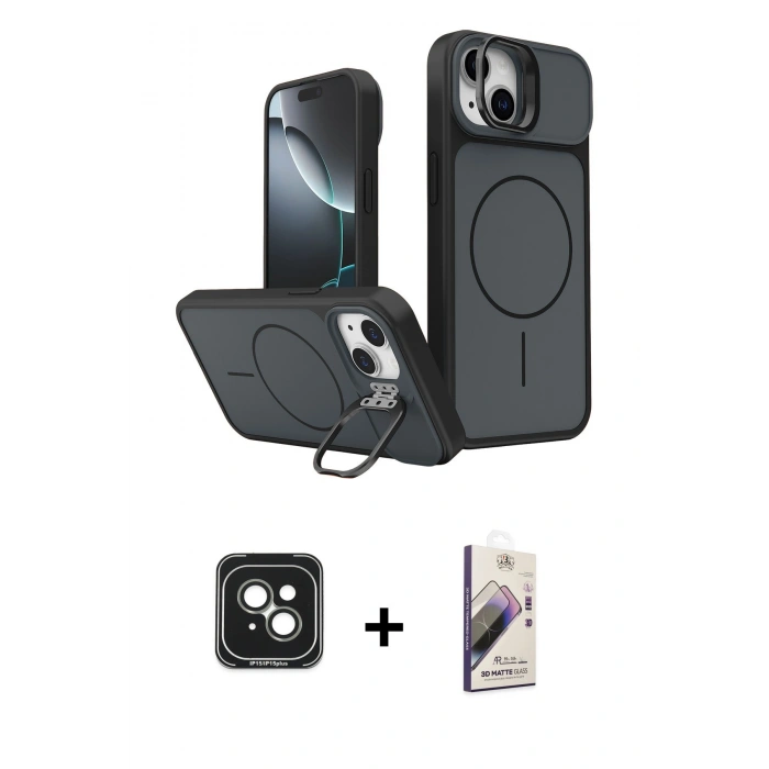 MARSİLYAN™- iPhone 15 Kılıf İz Modern Prime - Siyah Bilvis 3D Mat Cam Ekran Koruyucu + PVD Metal Kamera Lens - YL