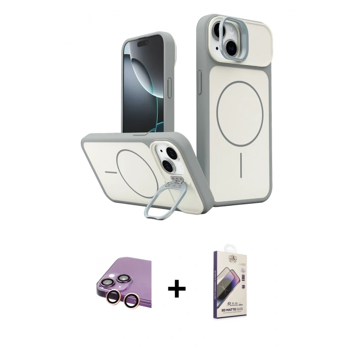 MARSİLYAN™- iPhone 15 Kılıf İz Modern Prime - Siyah Bilvis 3D Mat Cam Ekran Koruyucu + Raze Metal Kamera Lens - PE