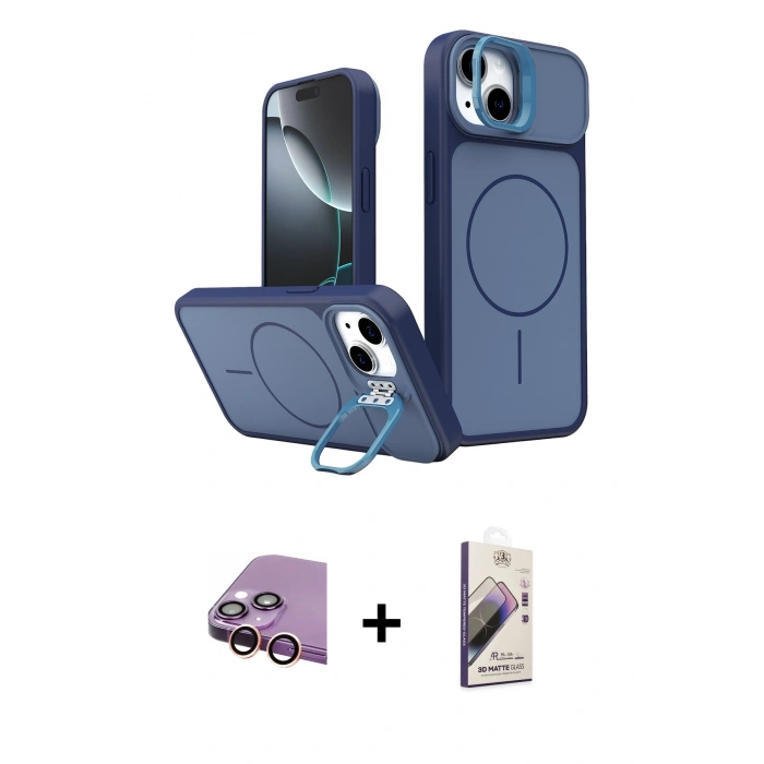 MARSİLYAN™- iPhone 15 Kılıf İz Modern Prime - Siyah Bilvis 3D Mat Cam Ekran Koruyucu + Raze Metal Kamera Lens - PE