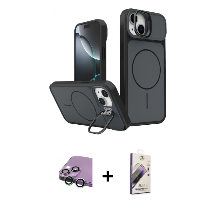 MARSİLYAN™- iPhone 15 Kılıf İz Modern Prime - Siyah Bilvis 3D Mat Cam Ekran Koruyucu + Raze Metal Kamera Lens - YL