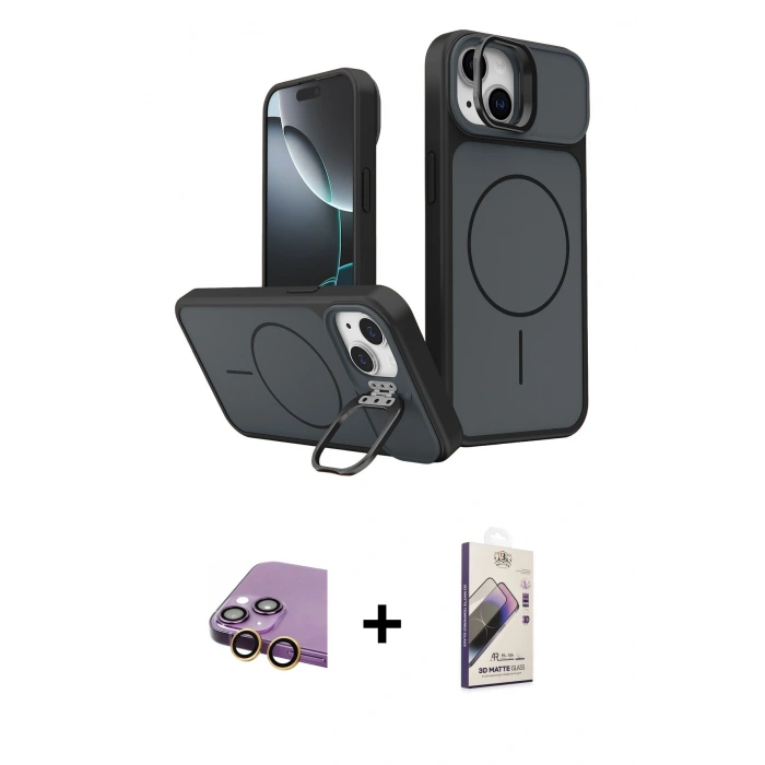 MARSİLYAN™- iPhone 15 Kılıf İz Modern Prime - Siyah Bilvis 3D Mat Cam Ekran Koruyucu + Raze Metal Kamera Lens - SI
