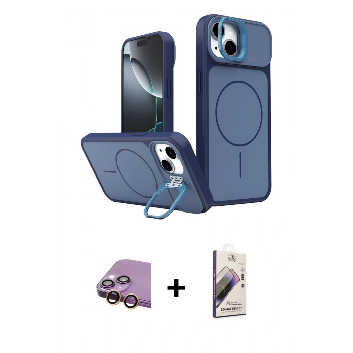 MARSİLYAN™- iPhone 15 Kılıf İz Modern Prime - Siyah Bilvis 3D Mat Cam Ekran Koruyucu + Raze Metal Kamera Lens - SI