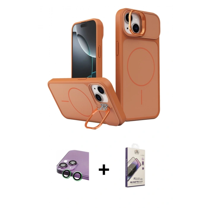 MARSİLYAN™- iPhone 15 Kılıf İz Modern Prime - Siyah Bilvis 3D Mat Cam Ekran Koruyucu + Raze Metal Kamera Lens - YL
