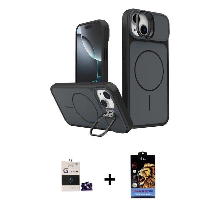 MARSİLYAN™- iPhone 15 Kılıf İz Modern Prime - Siyah Buffer Hayalet Cam Ekran Koruyucu + Bilvis Titan Kamera Lens - YL
