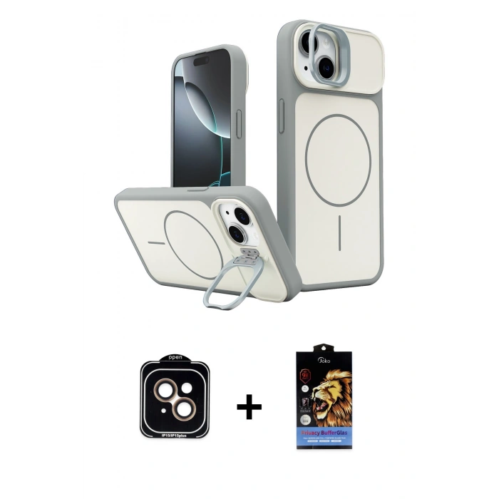 MARSİLYAN™- iPhone 15 Kılıf İz Modern Prime - Siyah Buffer Hayalet Cam Ekran Koruyucu + PVD Metal Kamera Lens - TU