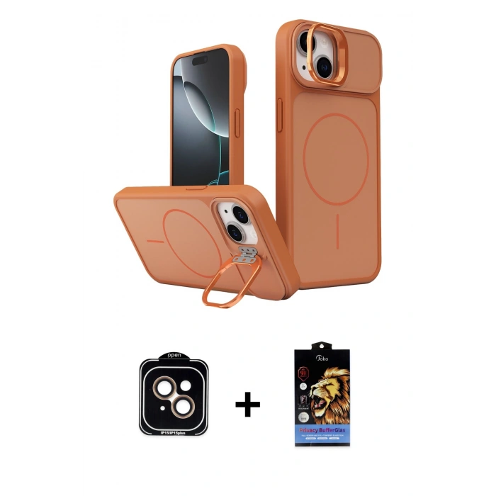 MARSİLYAN™- iPhone 15 Kılıf İz Modern Prime - Siyah Buffer Hayalet Cam Ekran Koruyucu + PVD Metal Kamera Lens - TU