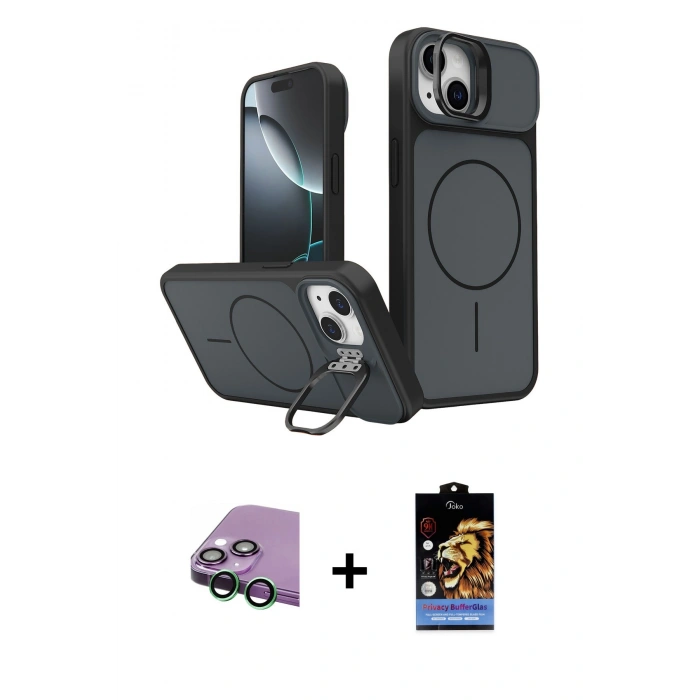 MARSİLYAN™- iPhone 15 Kılıf İz Modern Prime - Siyah Buffer Hayalet Cam Ekran Koruyucu + Raze Metal Kamera Lens - YL