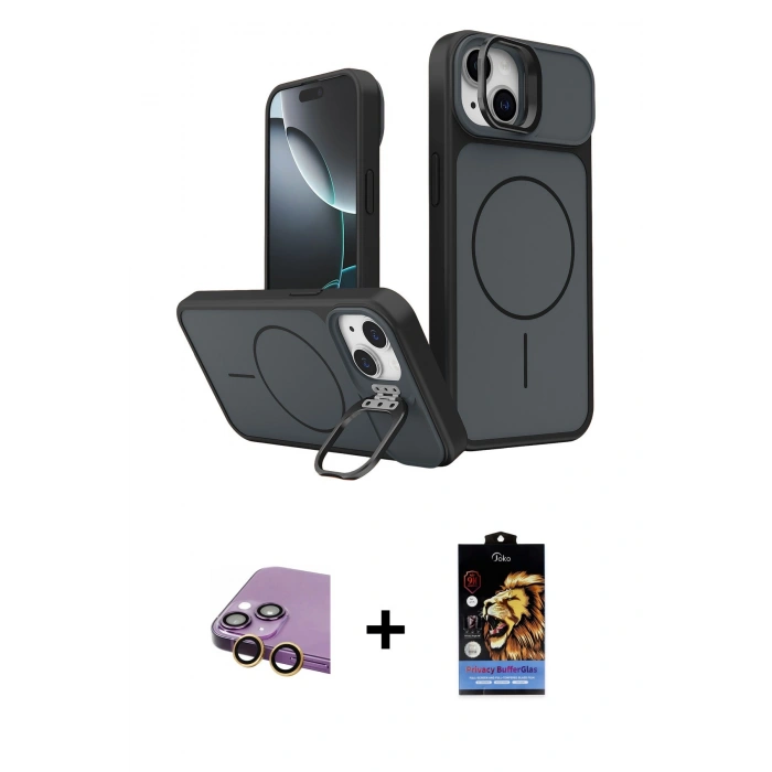 MARSİLYAN™- iPhone 15 Kılıf İz Modern Prime - Siyah Buffer Hayalet Cam Ekran Koruyucu + Raze Metal Kamera Lens - SI