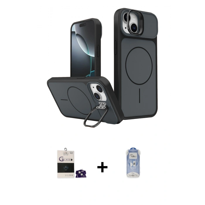 MARSİLYAN™- iPhone 15 Kılıf İz Modern Prime - Siyah Joko Magic 5D Cam + Bilvis Titan Kamera Lens - YL