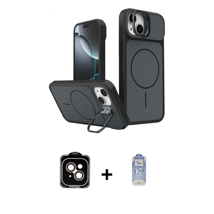 MARSİLYAN™- iPhone 15 Kılıf İz Modern Prime - Siyah Joko Magic 5D Cam + PVD Metal Kamera Lens - TU