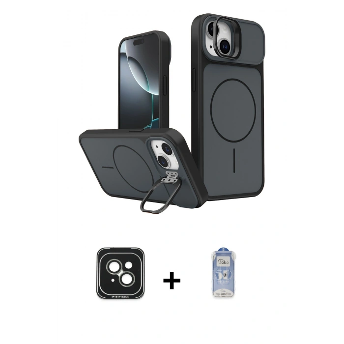MARSİLYAN™- iPhone 15 Kılıf İz Modern Prime - Siyah Joko Magic 5D Cam + PVD Metal Kamera Lens - YL