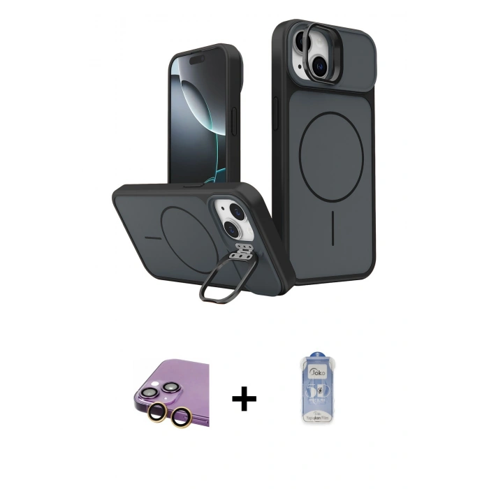 MARSİLYAN™- iPhone 15 Kılıf İz Modern Prime - Siyah Joko Magic 5D Cam + Raze Metal Kamera Lens - SI
