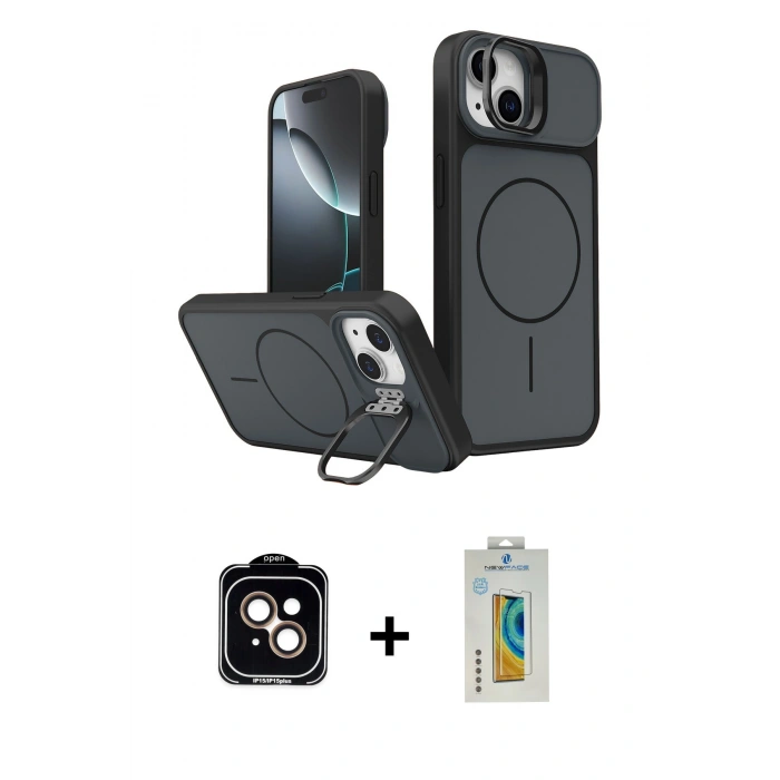 MARSİLYAN™- iPhone 15 Kılıf İz Modern Prime - Siyah Polymer Nano Ekran Koruyucu + PVD Metal Kamera Lens - TU