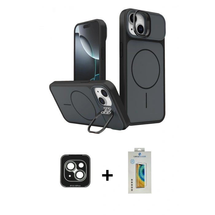 MARSİLYAN™- iPhone 15 Kılıf İz Modern Prime - Siyah Polymer Nano Ekran Koruyucu + PVD Metal Kamera Lens - YL