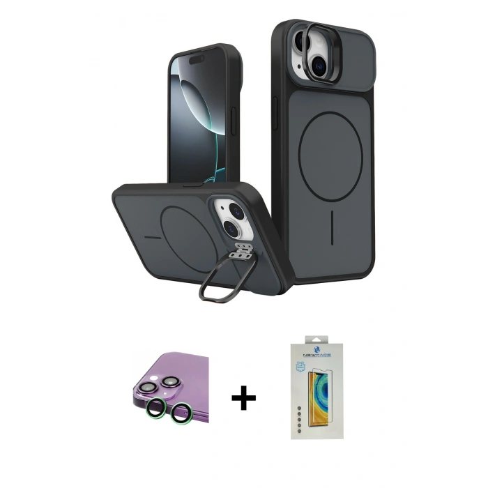 MARSİLYAN™- iPhone 15 Kılıf İz Modern Prime - Siyah Polymer Nano Ekran Koruyucu + Raze Metal Kamera Lens - YL