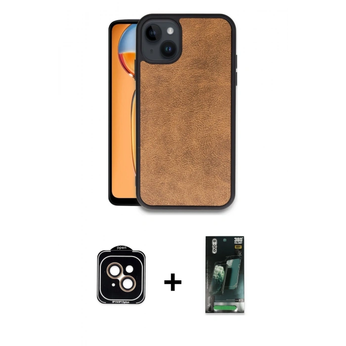 MARSİLYAN™- iPhone 15 Kılıf Kıvılcım Işık Serisi - Siyah 360 Mat Full Body Arka Koruyucu + PVD Metal Kamera Lens - TU