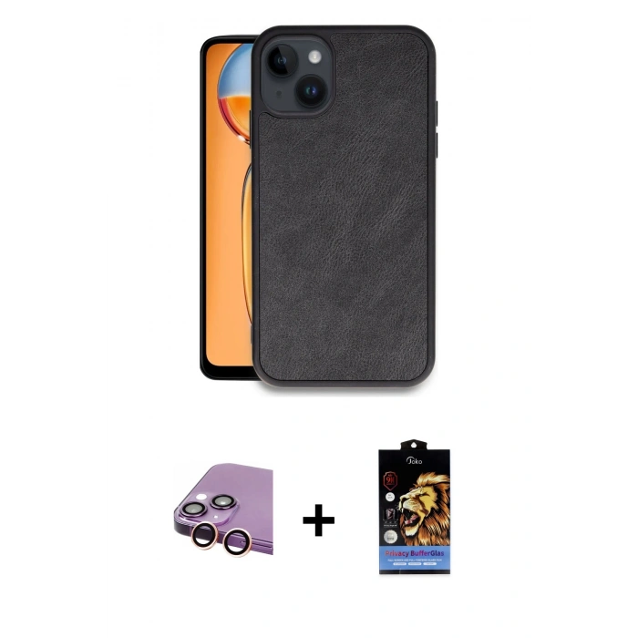 MARSİLYAN™- iPhone 15 Kılıf Kıvılcım Işık Serisi - Siyah Buffer Hayalet Cam Ekran Koruyucu + Raze Metal Kamera Lens - PE