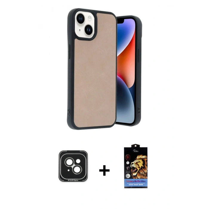 MARSİLYAN™- iPhone 15 Kılıf Kıvılcım Işık Serisi - Siyah Buffer Hayalet Cam Ekran Koruyucu + Yeşil PVD Metal Kamera Lens