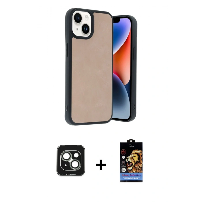 MARSİLYAN™- iPhone 15 Kılıf Kıvılcım Işık Serisi - Siyah Buffer Hayalet Cam Ekran Koruyucu + Yeşil PVD Metal Kamera Lens