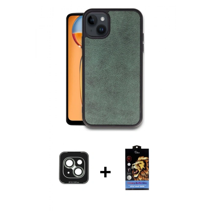 MARSİLYAN™- iPhone 15 Kılıf Kıvılcım Işık Serisi - Siyah Buffer Hayalet Cam Ekran Koruyucu + Yeşil PVD Metal Kamera Lens
