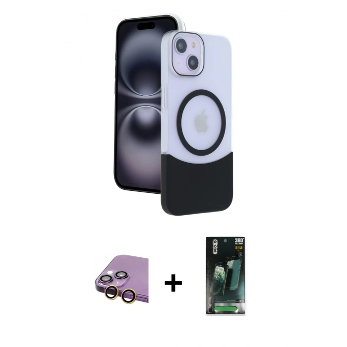 MARSİLYAN™- iPhone 15 Kılıf Kozmos Form Özel Seri - Şeffaf 360 Full Body Arka Koruyucu + Raze Metal Kamera Lens - SI