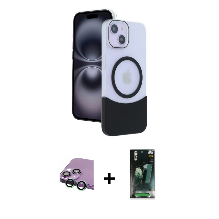 MARSİLYAN™- iPhone 15 Kılıf Kozmos Form Özel Seri - Şeffaf 360 Full Body Arka Koruyucu + Raze Metal Kamera Lens - YL