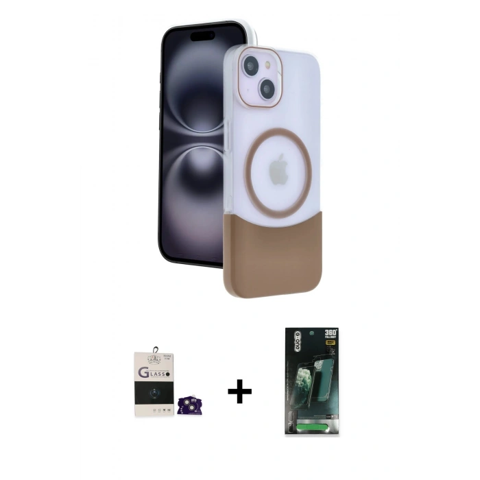MARSİLYAN™- iPhone 15 Kılıf Kozmos Form Özel Seri - Siyah 360 Mat Full Body Arka Koruyucu + Pembe Bilvis Titan Kamera Lens