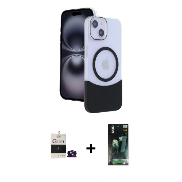 MARSİLYAN™- iPhone 15 Kılıf Kozmos Form Özel Seri - Siyah 360 Mat Full Body Arka Koruyucu + Pembe Bilvis Titan Kamera Lens