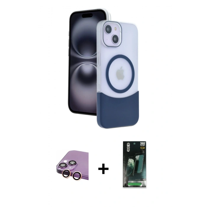 MARSİLYAN™- iPhone 15 Kılıf Kozmos Form Özel Seri - Siyah 360 Mat Full Body Arka Koruyucu + Raze Metal Kamera Lens - PE