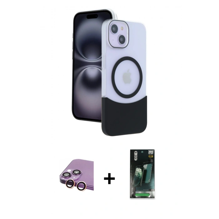 MARSİLYAN™- iPhone 15 Kılıf Kozmos Form Özel Seri - Siyah 360 Mat Full Body Arka Koruyucu + Raze Metal Kamera Lens - PE