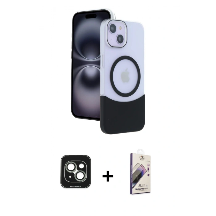 MARSİLYAN™- iPhone 15 Kılıf Kozmos Form Özel Seri - Siyah Bilvis 3D Mat Cam Ekran Koruyucu + PVD Metal Kamera Lens - YL