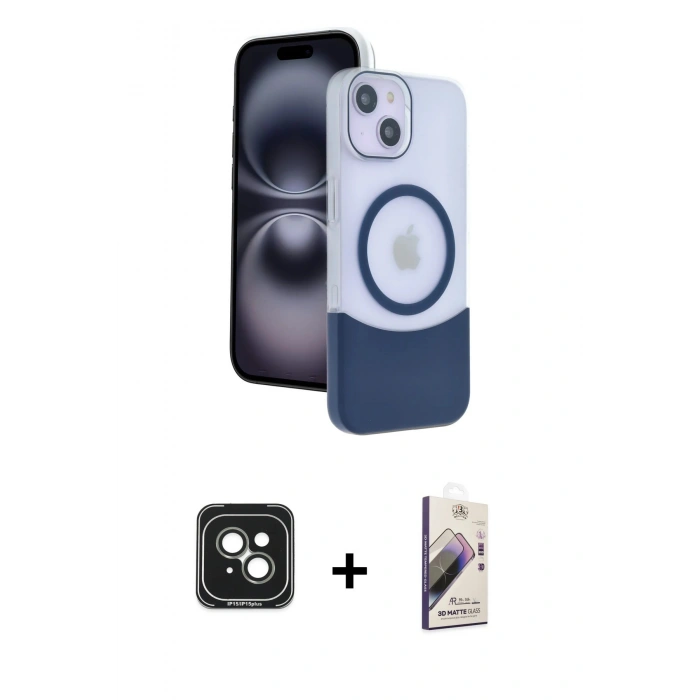 MARSİLYAN™- iPhone 15 Kılıf Kozmos Form Özel Seri - Siyah Bilvis 3D Mat Cam Ekran Koruyucu + PVD Metal Kamera Lens - YL