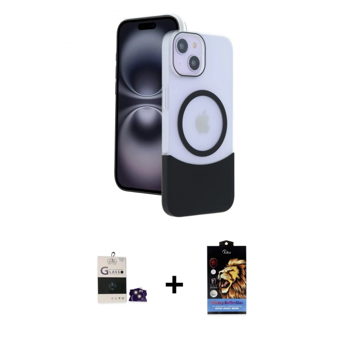 MARSİLYAN™- iPhone 15 Kılıf Kozmos Form Özel Seri - Siyah Buffer Hayalet Cam Ekran Koruyucu + Bilvis Titan Kamera Lens - PE